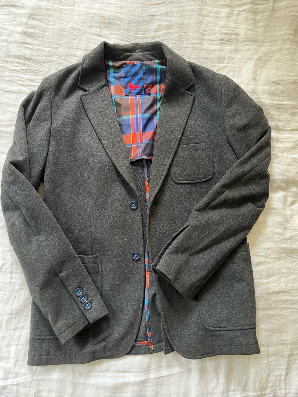 Modern Amusement Men's Charcoal Knit Blazer with Plaid Lining